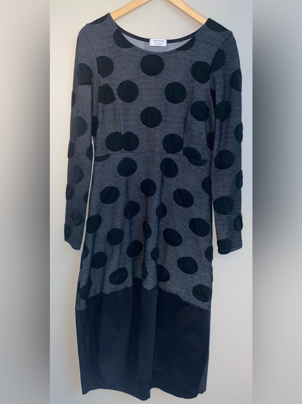 Femme Fatale Italy Textured Polka Dot Midi Dress L Long Sleeves Modest Lagenlook